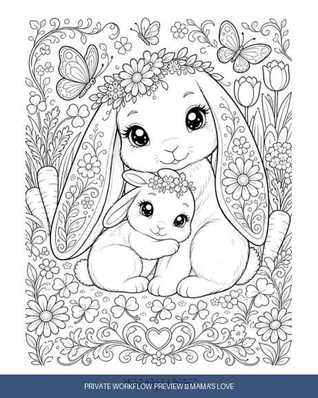 Watermarked Mama's Love interior preview with a rabbit and kit in a floral frame.