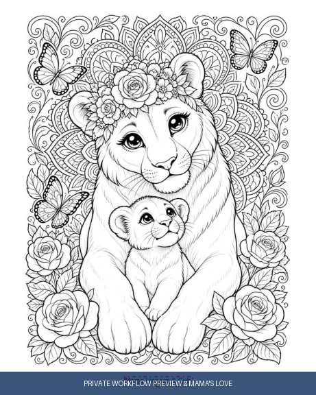 Watermarked Mama's Love interior preview with a lion and cub surrounded by flowers.