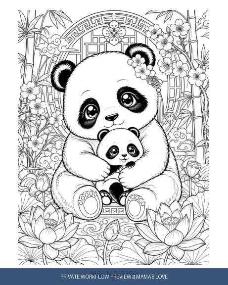 Watermarked Mama's Love interior preview with a panda and cub among lotus flowers.