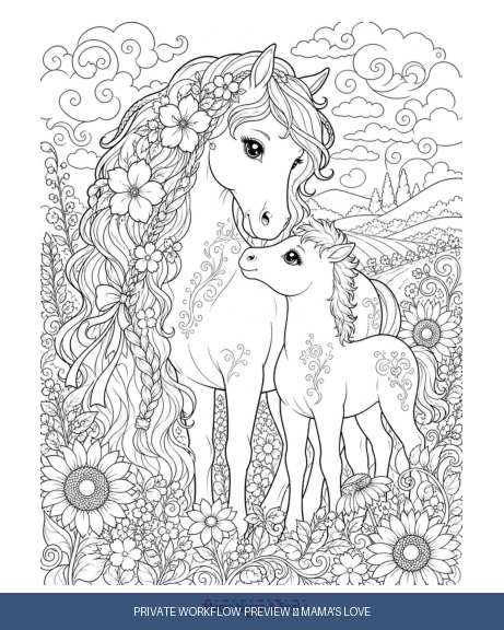 Watermarked Mama's Love interior preview with a unicorn and foal in a botanical scene.